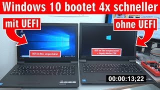 Windows 10 startet 4x schneller  mit UEFI vs ohne UEFI BIOS  Booten beschleunigen  4K [upl. by Atinek]