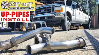 2001 F350 73  RiffRaff UpPipes Install  Stock up pipes leaking and falling apart JUNK SP [upl. by Mashe80]