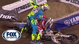 Riders fight after crash at Supercross event  FOX SPORTS [upl. by Neram370]